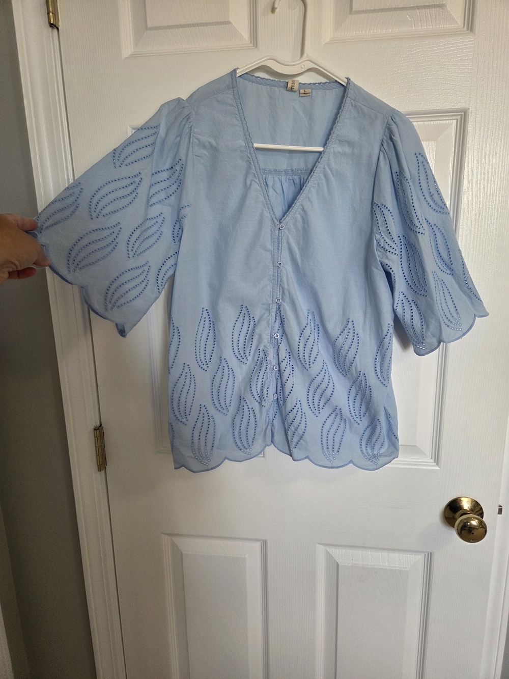 Light Blue Eyelet V-Neck Button Front Women’s Top